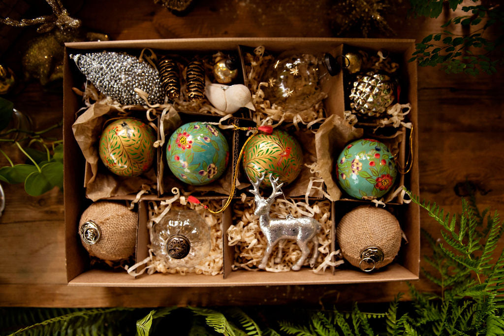 Paper Mache Luxury Christmas Box Set in Golds and Turquoise, 16pc
