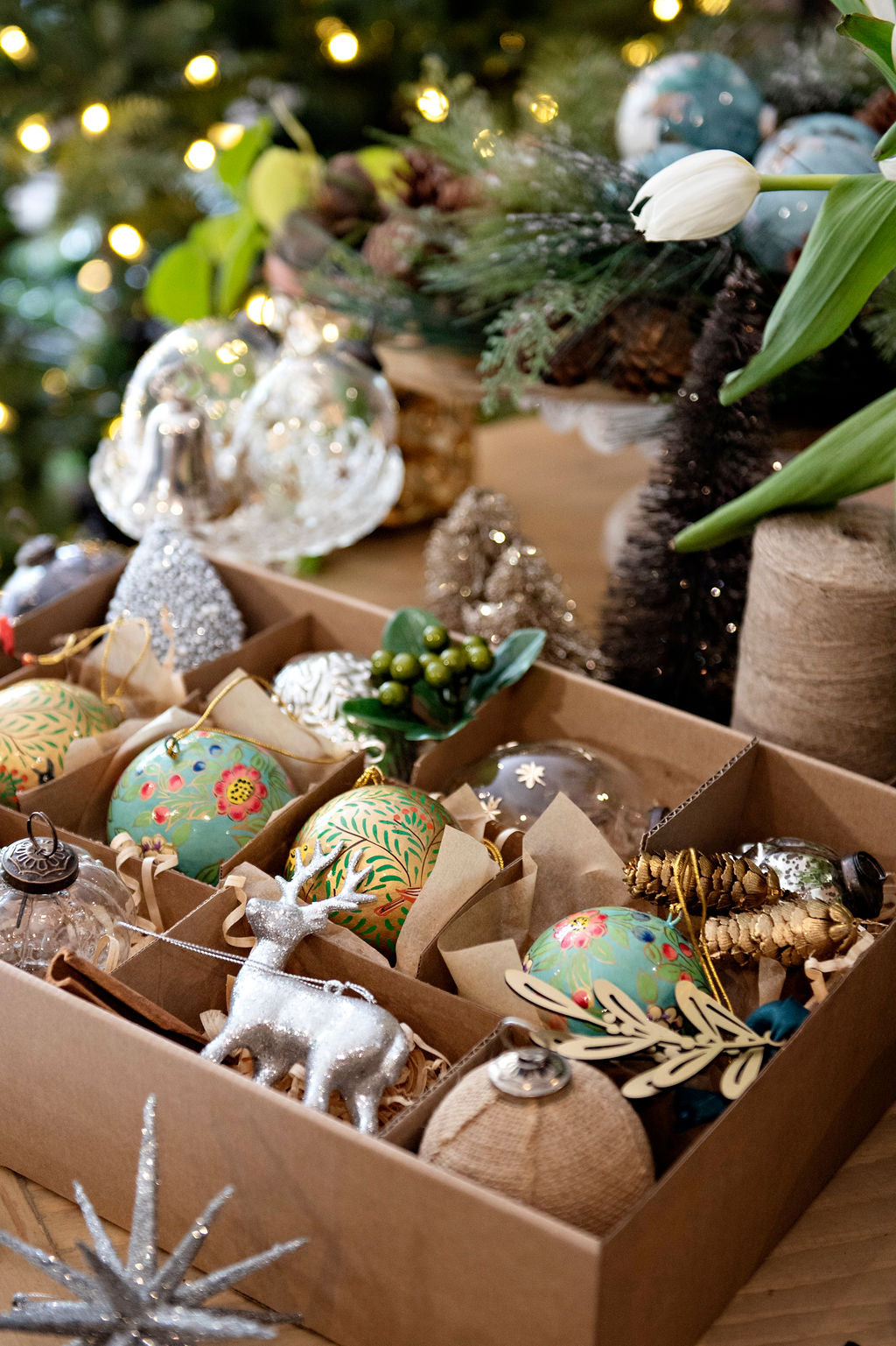 Paper Mache Luxury Christmas Box Set in Golds and Turquoise, 16pc