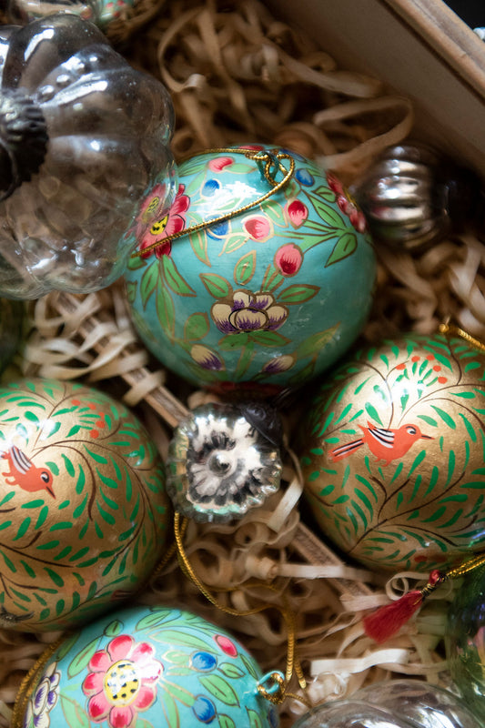 Paper Mache Luxury Christmas Box Set in Golds and Turquoise, 16pc